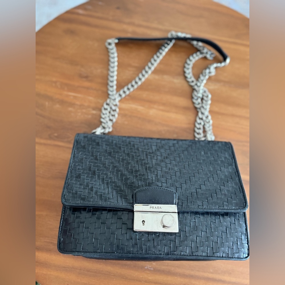 Prada Black Woven Shoulder Bag with Silver Chain